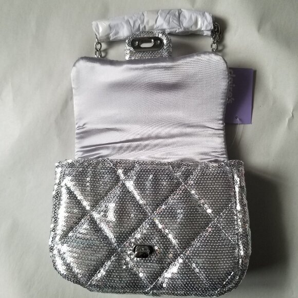 Claire's Silver Sequined Purse / Bag with silver chain strap - Picture 5 of 8
